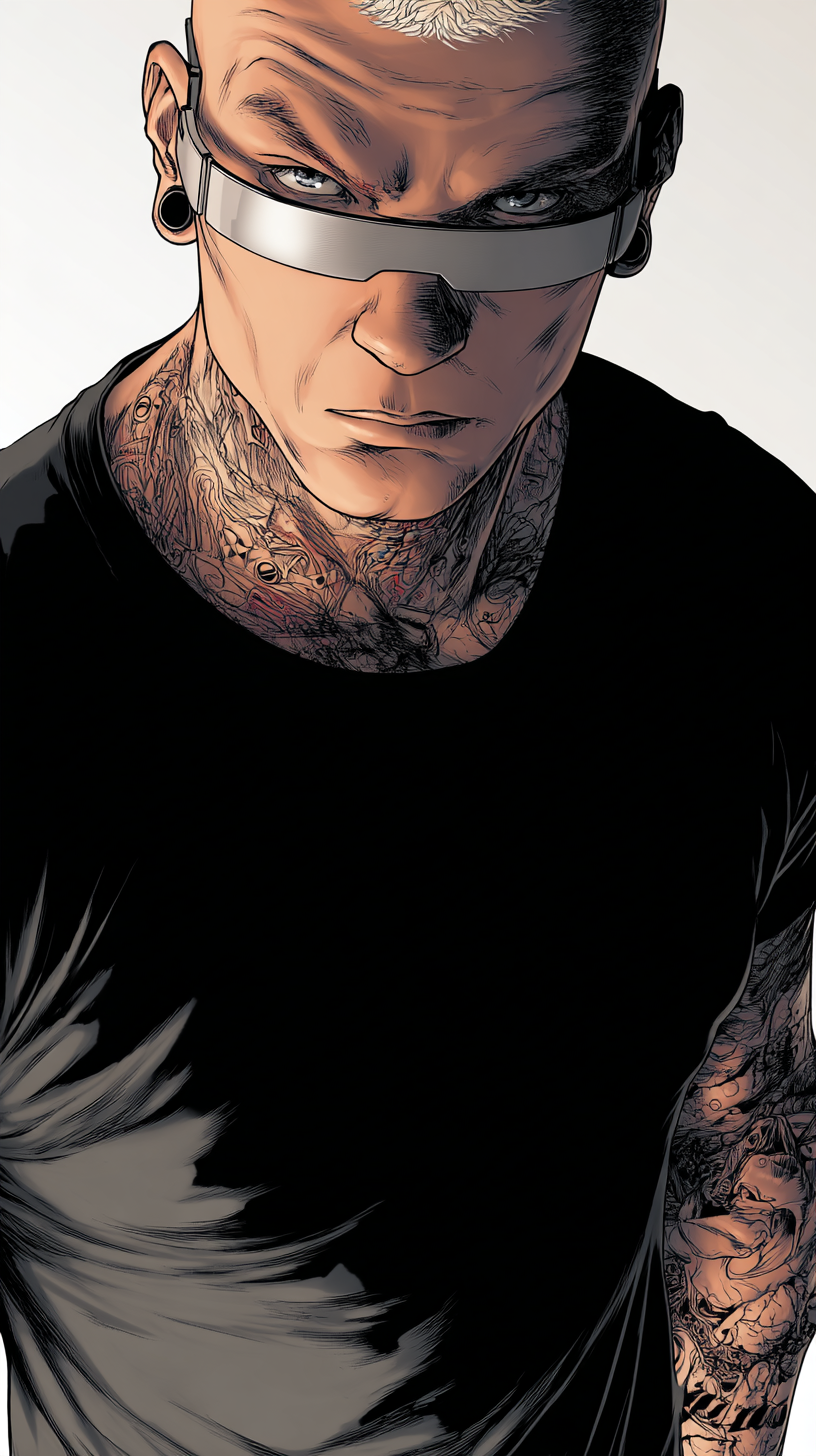 Comic-style portrait of ASHER, a cybersecurity technician, under crisp, angular lighting emphasizing vigilance.