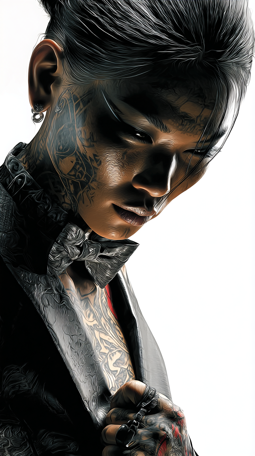 Comic-style portrait of the Guardian of Introspection, a quiet, analytical woman in a dark suit with elaborate tattoos, bow tie, and a reflective gaze.