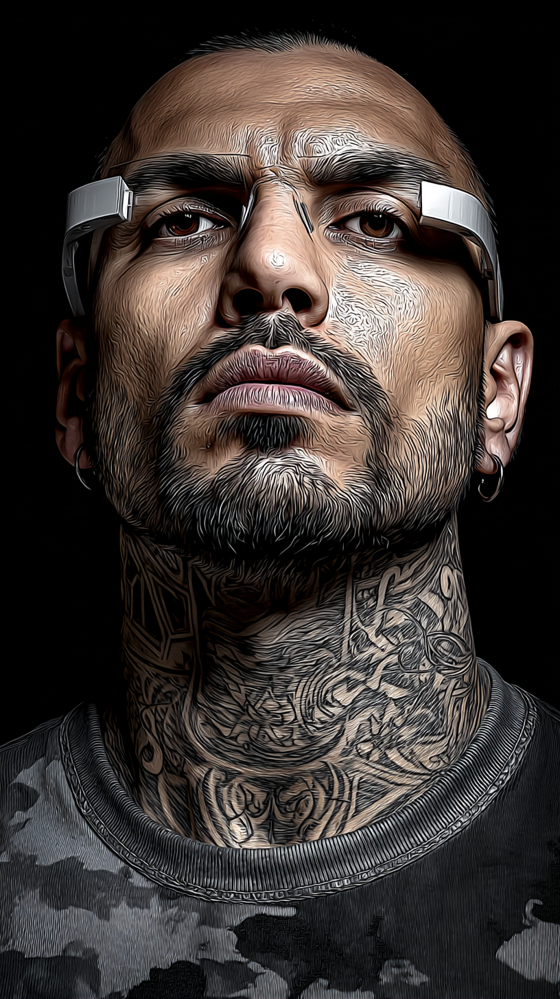 Comic-style portrait of RACK, a hardware and server maintenance technician wearing dark attire and tattoos, shown close-up in comic style.