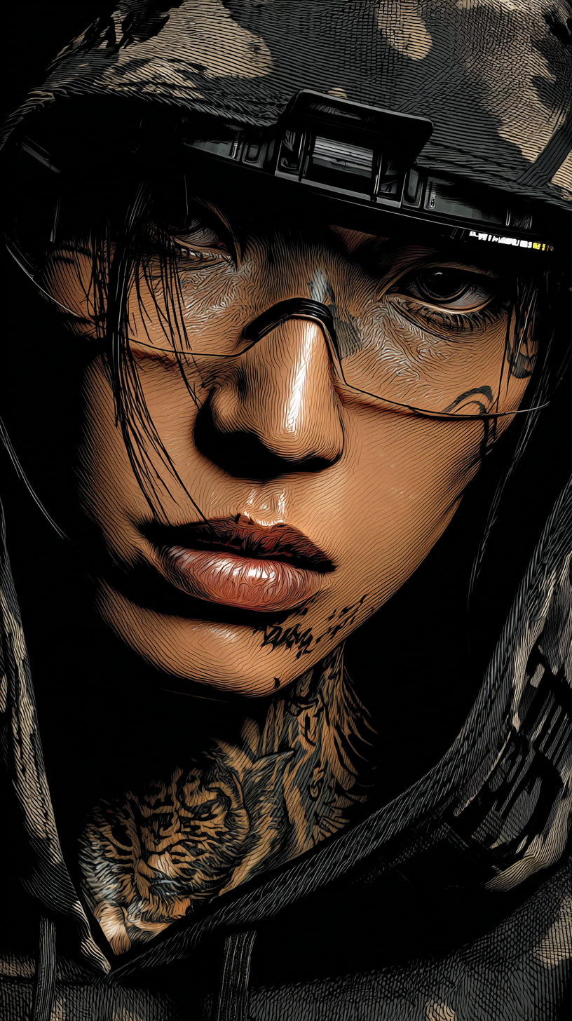 Comic-style portrait of NOVA, a focused data center technician with short hair, tattoos, and a dark tech shirt, shown in high-contrast comic style.