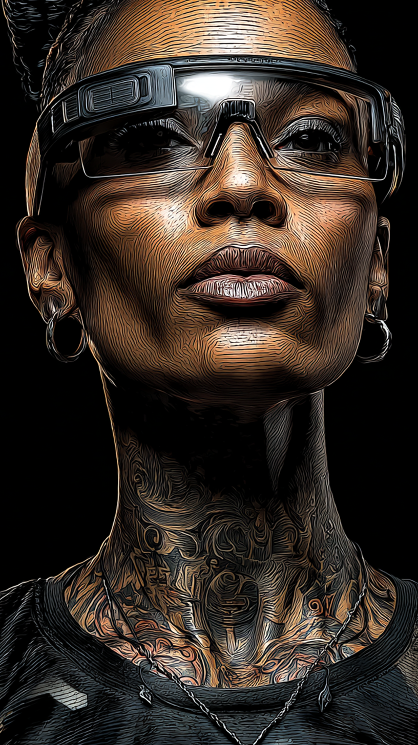 Comic-style portrait of GPU, a semiconductor technician in a dark tech shirt with tattoos, shown in a stylized comic illustration.