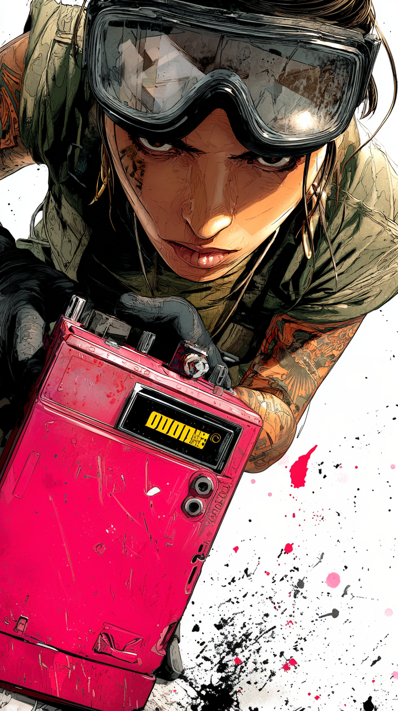 Comic-style portrait of ZOE, a renewable energy technician, wearing futuristic goggles with intense reflective lighting.