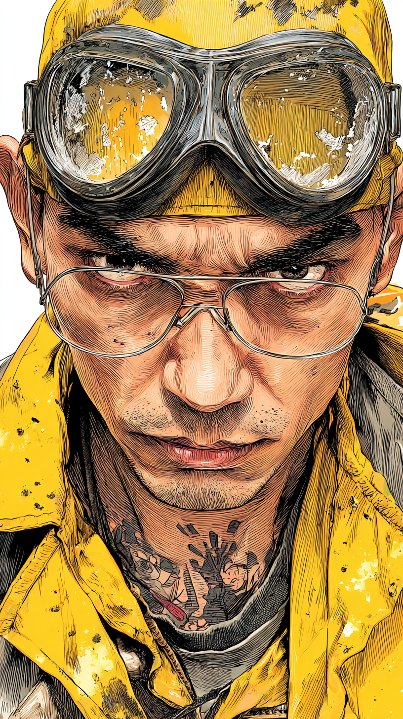 Comic-style portrait of GAUGE, a meter technician, wearing yellow electrical gear and clear goggles, staring straight ahead with intensity.