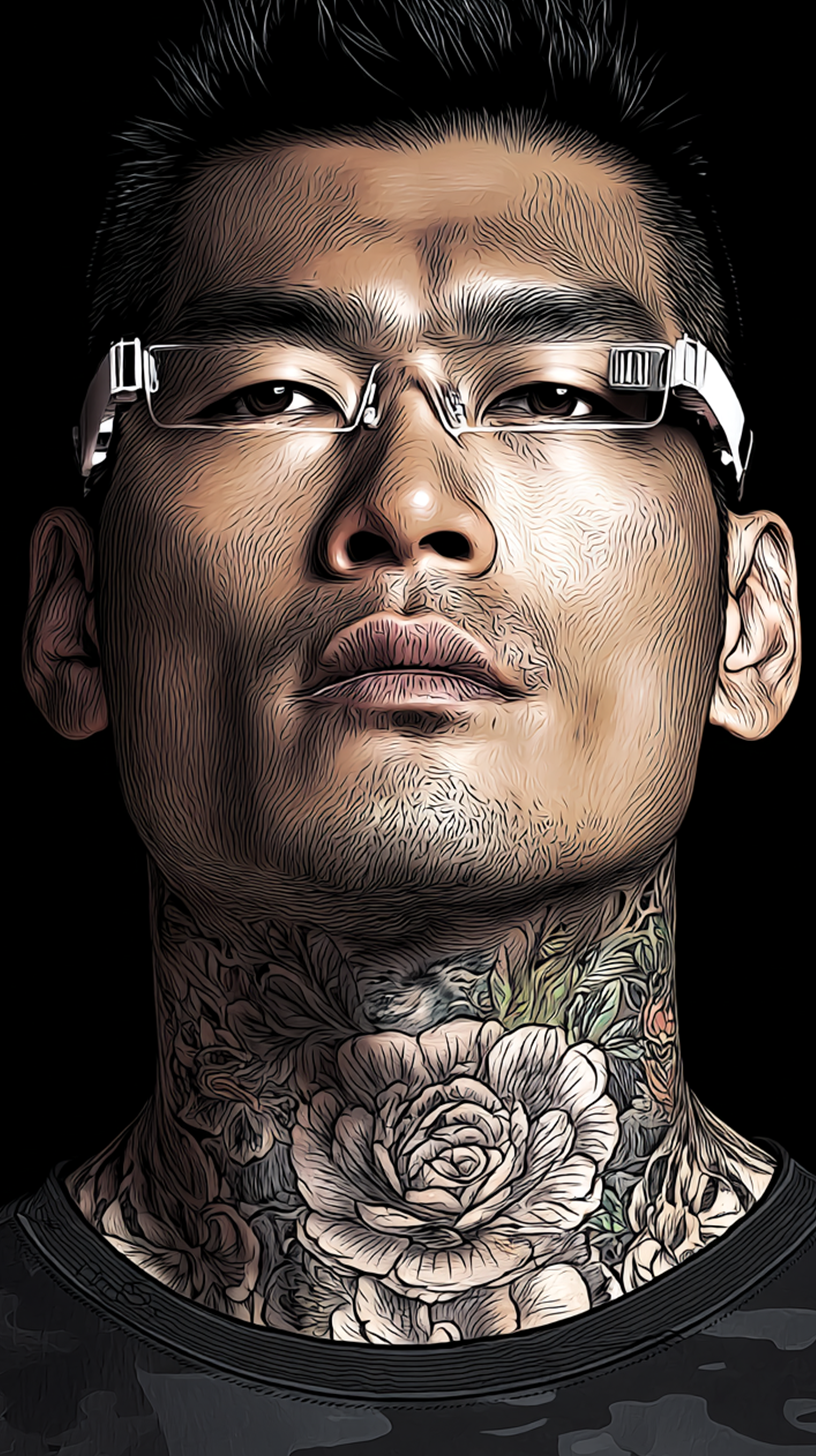 Comic-style portrait of FORGE, a robotics and automation technician with a shaved head and tattoos, illustrated in high-contrast comic style.