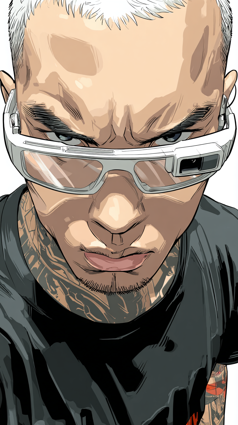 Comic-style portrait of MARCUS, a smart grid technician, framed by sharp lighting and focused eyes.