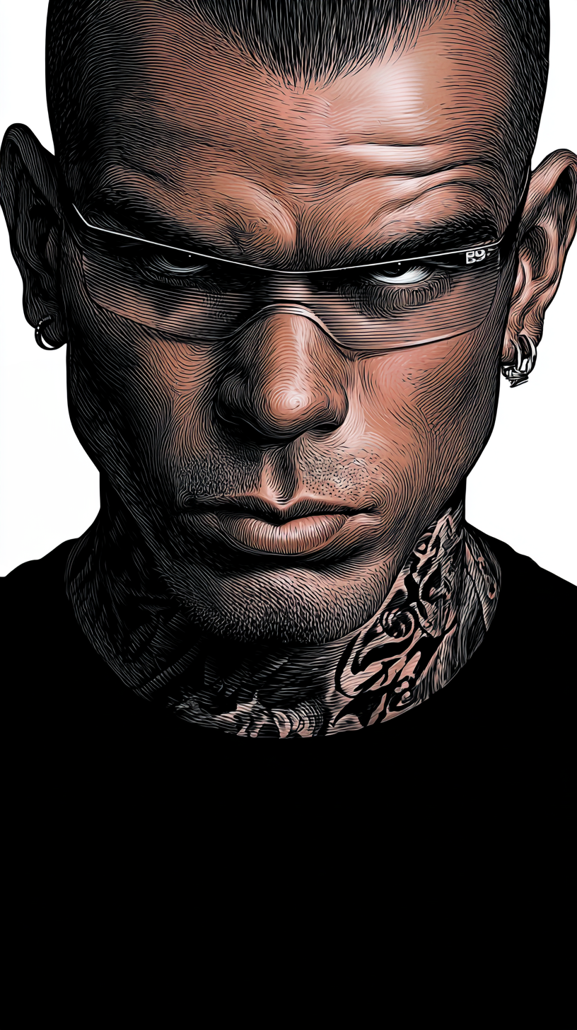 Comic-style portrait of X, an AI support technician wearing a dark crew neck with neck tattoos, depicted in gritty hyperreal comic style.
