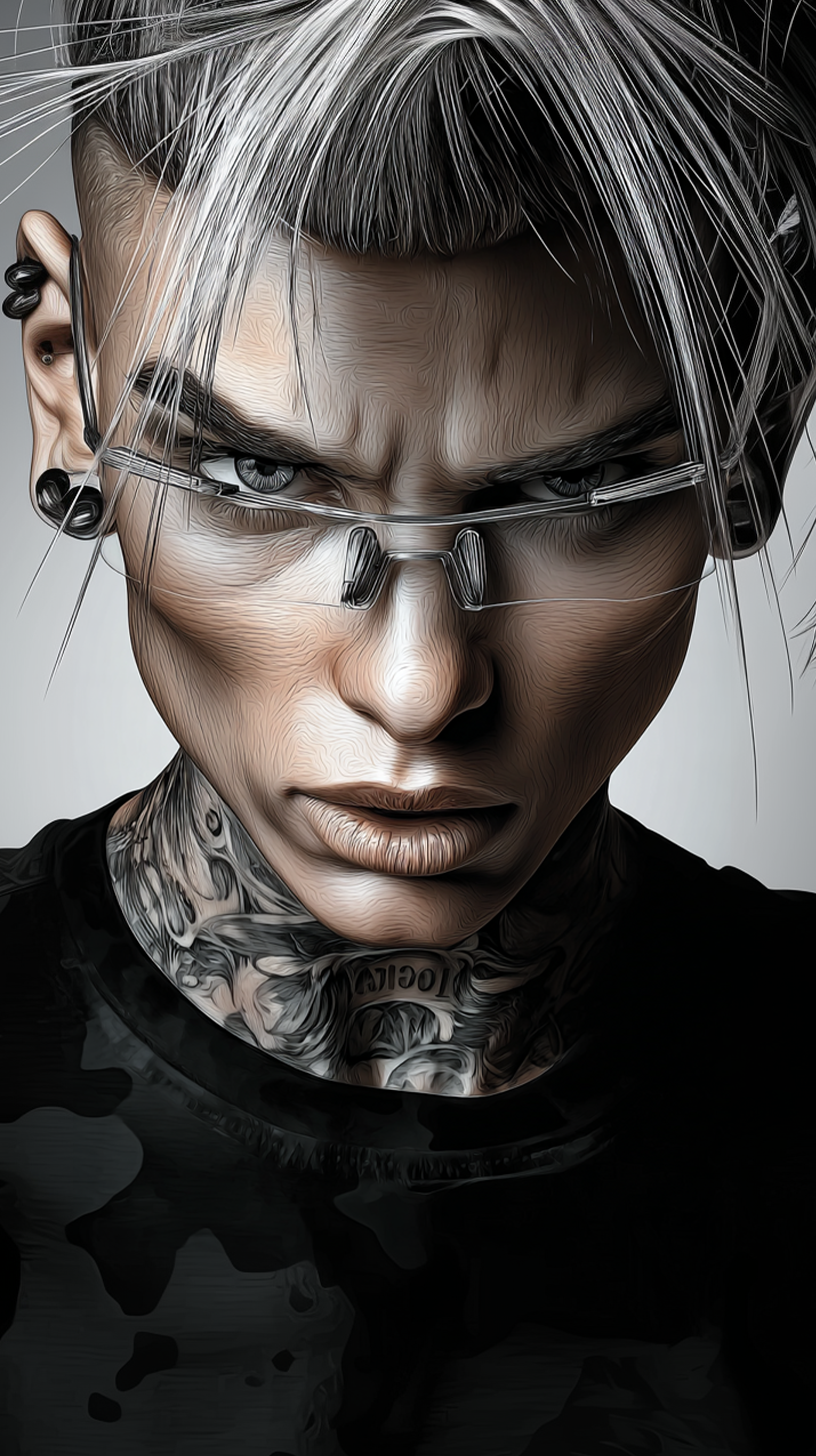 Comic-style portrait of CHECKMATE, a commissioning agent in dark technical gear with tattoos, depicted in a confident forward-facing pose.