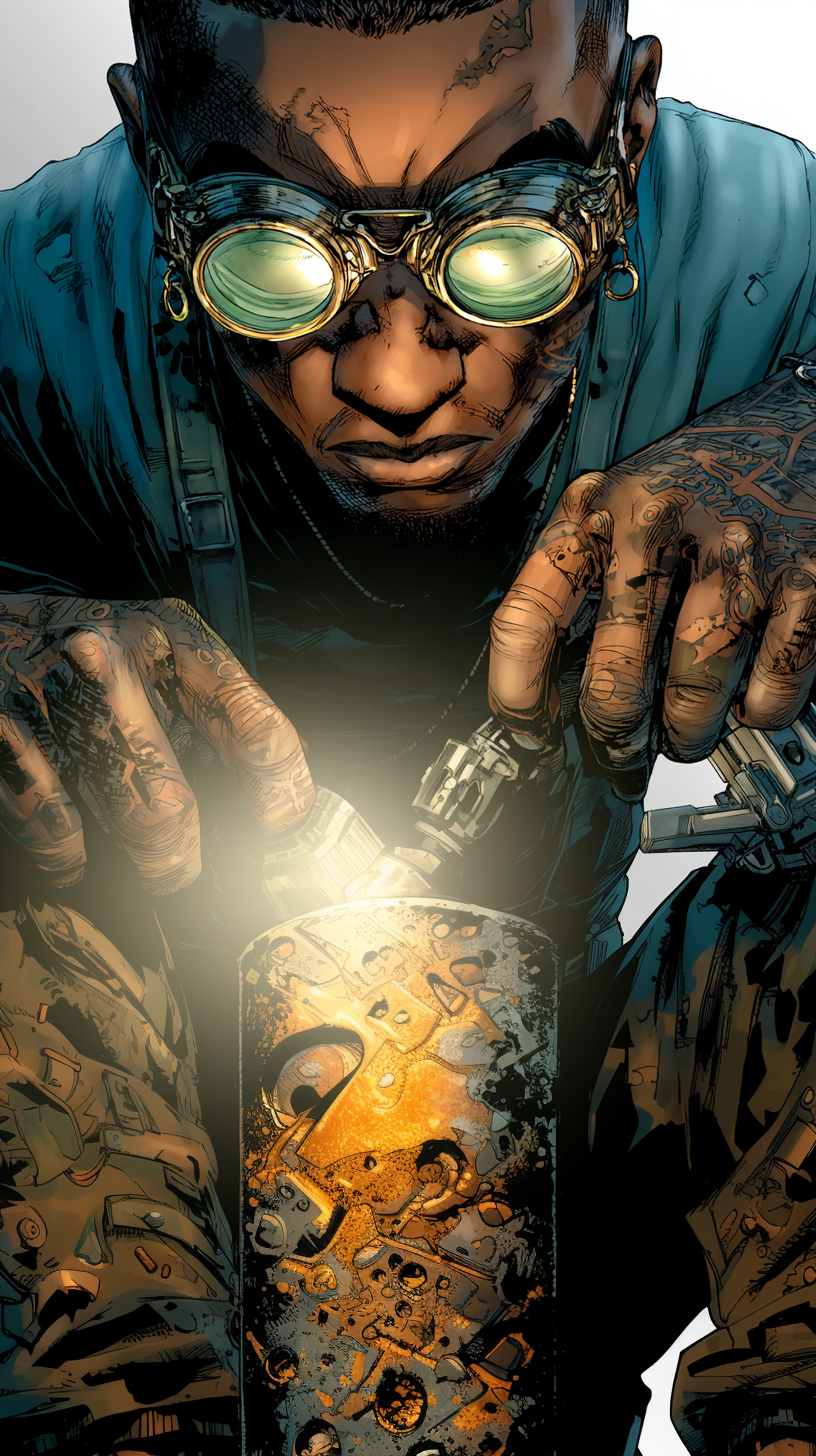 Comic-style portrait of JOSE, an electrician, wearing protective eyewear and staring intensely as sparks reflect in his visor.