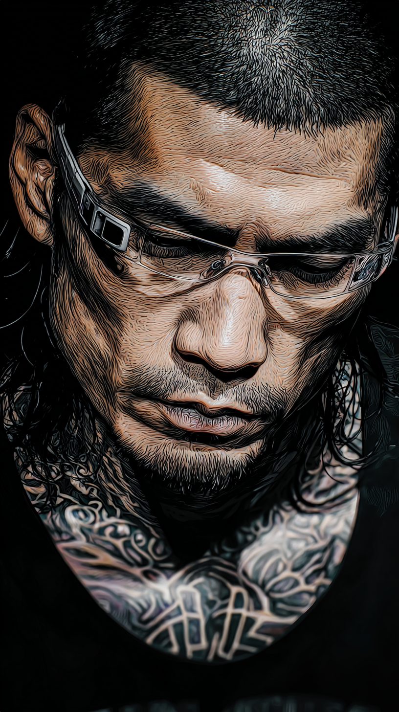 Comic-style portrait of RIGOR, a data center engineer with a stern expression and neck tattoos, wearing dark technical attire.