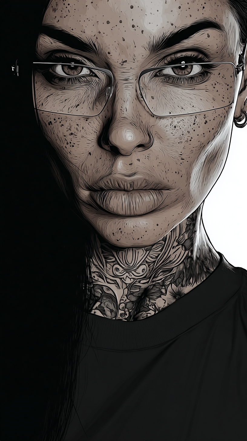 Comic-style portrait of RAVEN, a facilities and operations manager with visible tattoos and a steady, composed expression.
