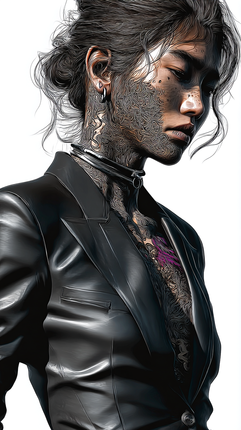 Comic-style portrait of the Guardian of Clarity, a composed woman in a black suit with intricate tattoos across her face and neck, looking downward with calm focus.
