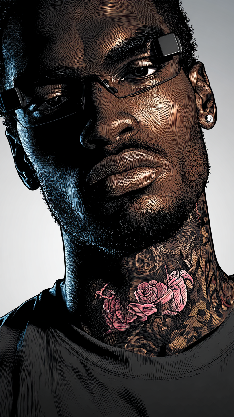 Comic-style portrait of NODE, a technical installer with tattoos and a dark shirt, shown in a stylized comic-book illustration.