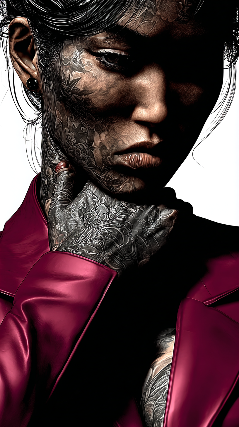 Comic-style portrait of the Guardian of Resilience, a fierce woman in a burgundy suit holding her tattooed hand to her chin, dramatic shadows emphasizing strength.