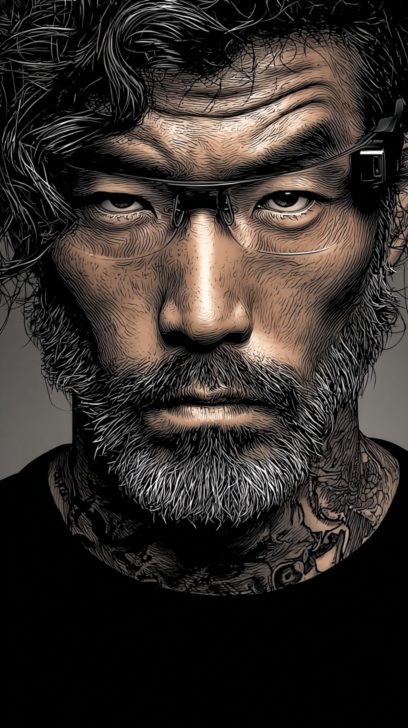 Comic-style portrait of FALCON, a cybersecurity technician in tactical dark gear with tattoos, illustrated in gritty comic-book style.