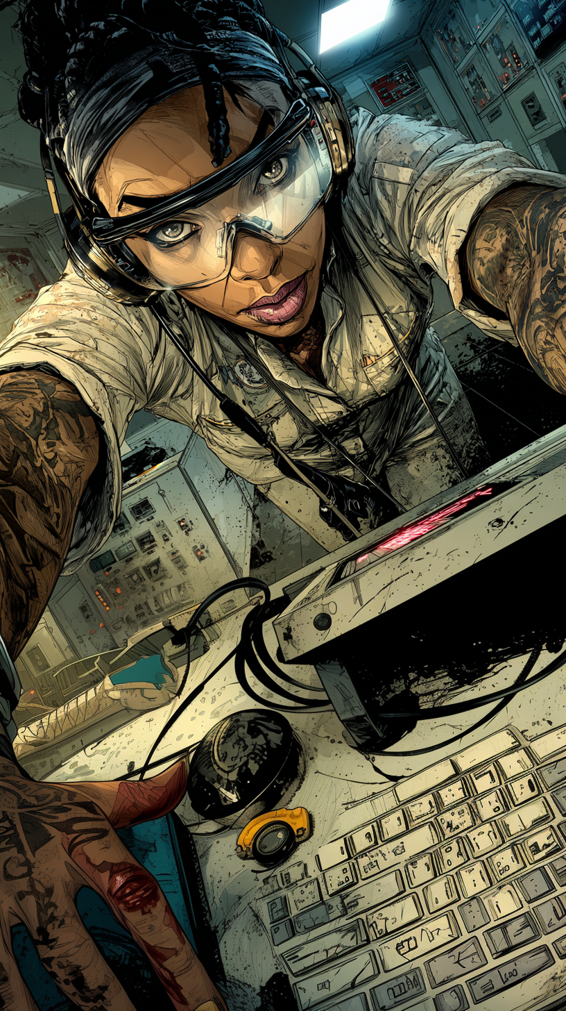 Comic-style portrait of AVA, a control room operator, looking intense and focused through a translucent visor.