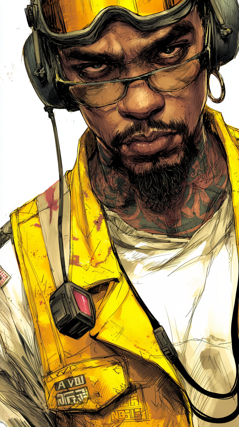 Comic-style portrait of DERRICK, a substation technician, leaning into the frame with a focused, analytical gaze.