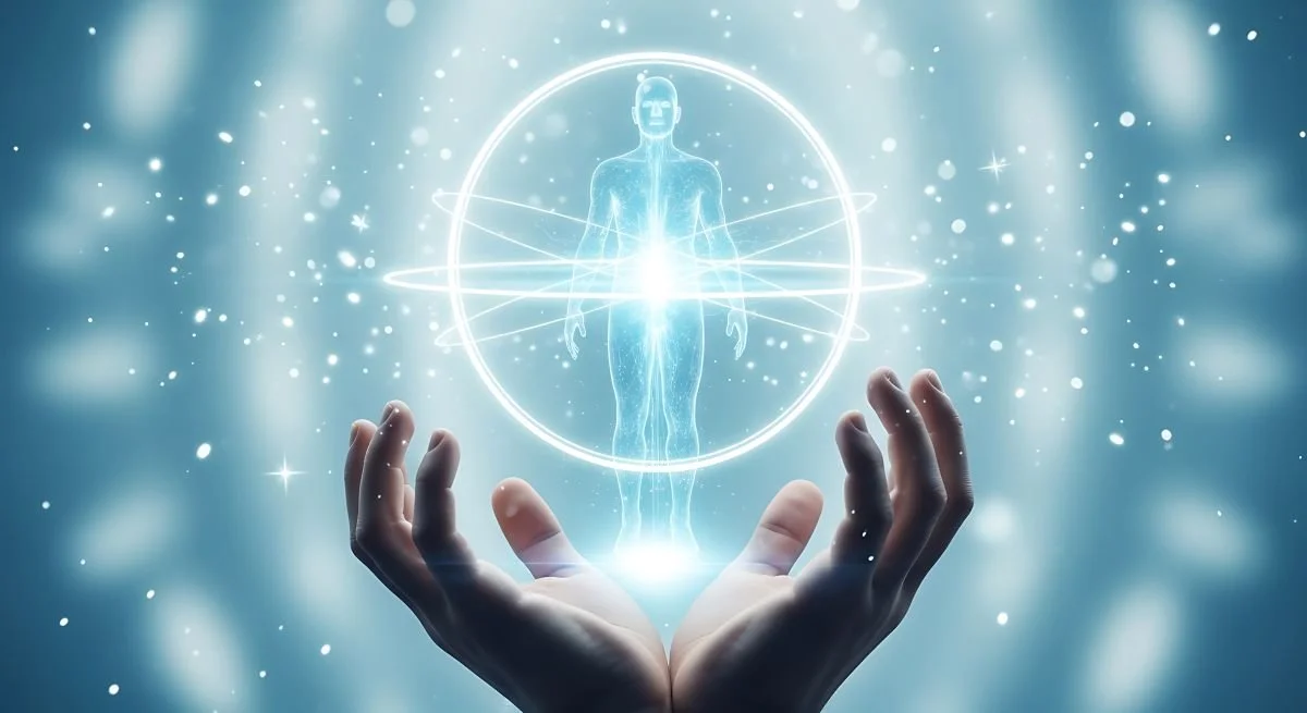 Hands holding hologram of the body. Spiritual surgery clears stuck energy and realigns the organ. Returning its frequency to a healthier state. This allows you to heal faster.
