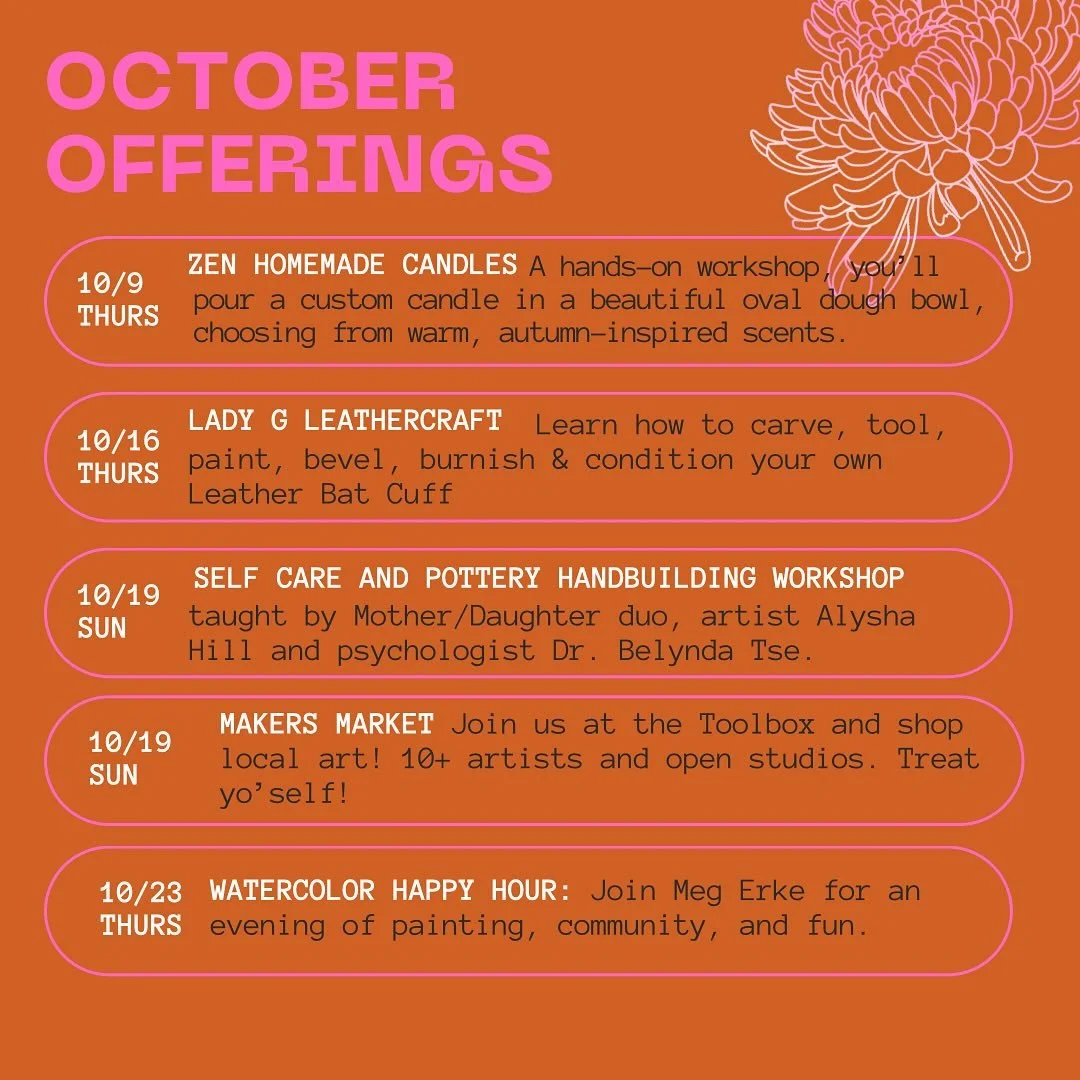 We have so many great classes and events coming up this October. Take a look at put something on your calendar. Let’s get creative together!