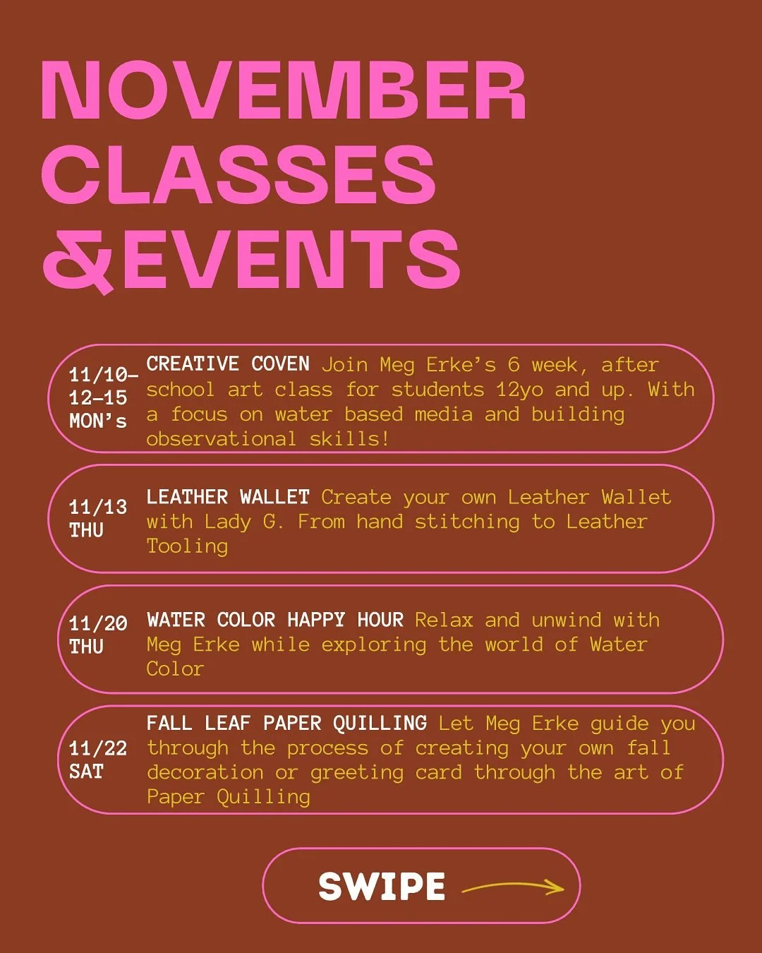 November classes and events are on our website. Sign up for something today! 

The link 🔗 is in our bio