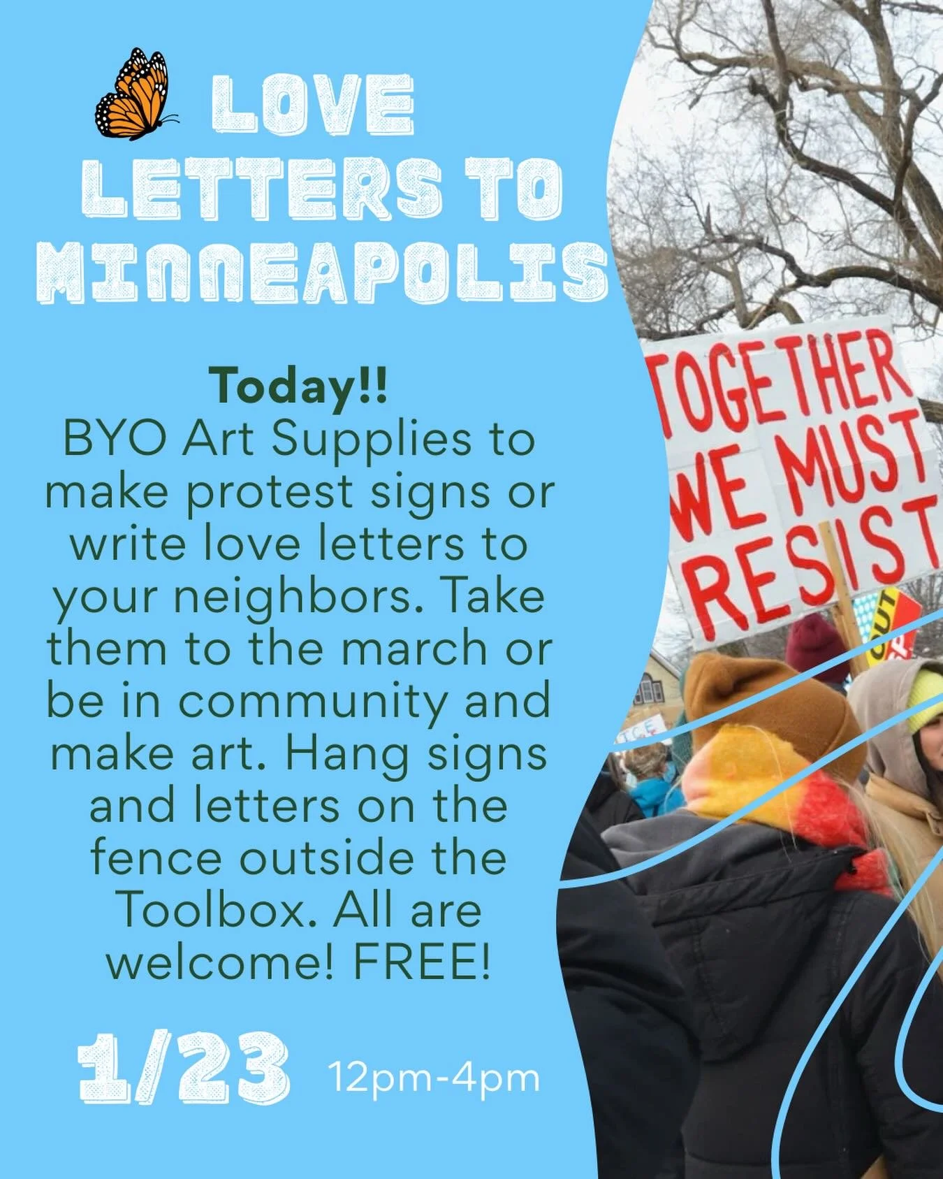 Today 12-4!! Bring your own supplies, we will have some too!! Make a sign, write a letter or poem, draw, knit, craft. Be with neighbors in creative resistance!! Great alternative if you don&rsquo;t want to or cant make it to the march today!!

Hope t