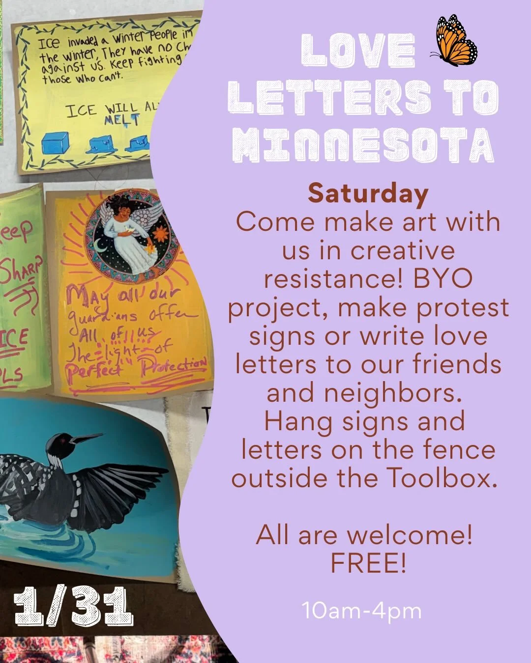 Join us Saturday 10am-4pm in creative resistance! We will be at the Toolbox making art, signs, writing letters to display on our fence and hanging out in community. All are welcome, except🚫 ICE 🧊 of course. GTFO! 

Slide 2: We have these posters av