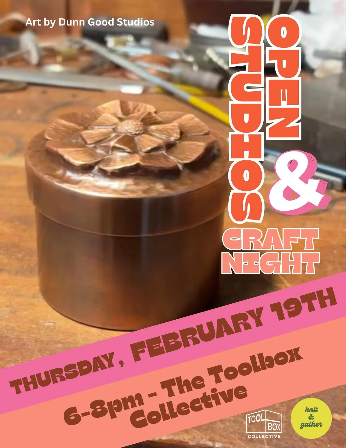 Open Studios and Craft Night this Thursday!
Come shop the studios. Buy some art! Talk to our artists and see their process. 

Then hang out and craft with Knit and Gather! Bring a project to work on and hang out in creative community. 

We will be co