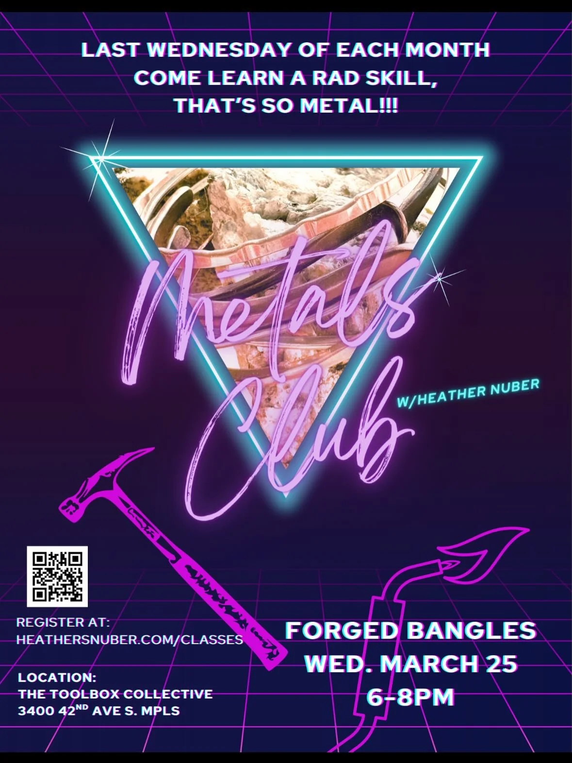 Metals Club!! 🤘Last Wednesday of every month! Each month learn a new metalsmithing skill. This month it is forged bangles, hammer and solder with Heather. Its a super good time, fun and empowering! Heather also has scholarship funds available if it 
