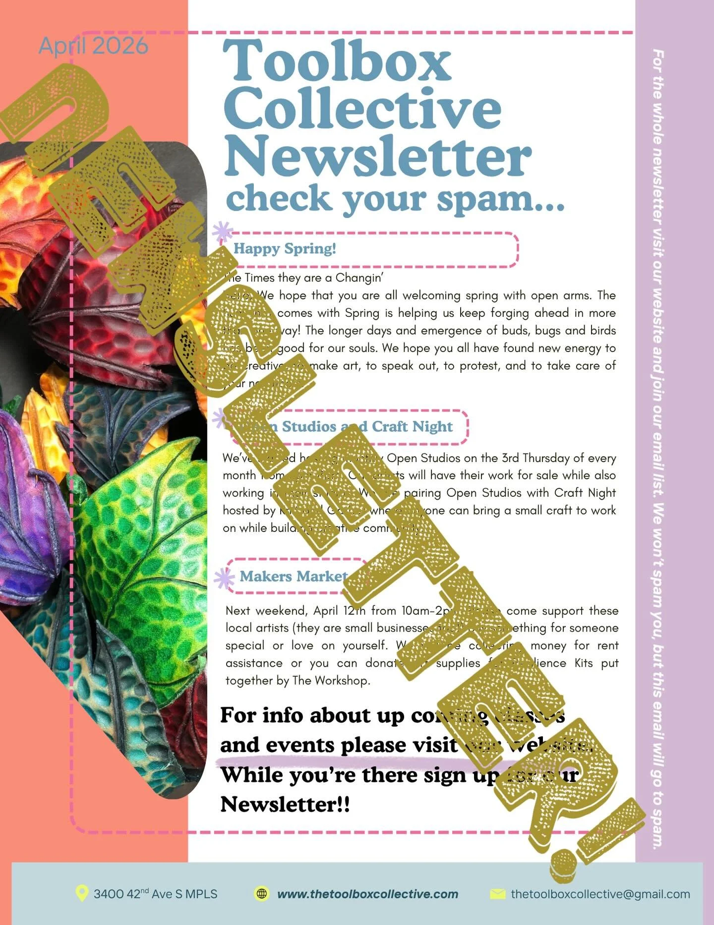 Check your spam folder, Toolbox Newsletter just sent your way!
Sign up for a class
Come to a Market
Visit us at Open Studio
Plan your next event/party at the Toolbox