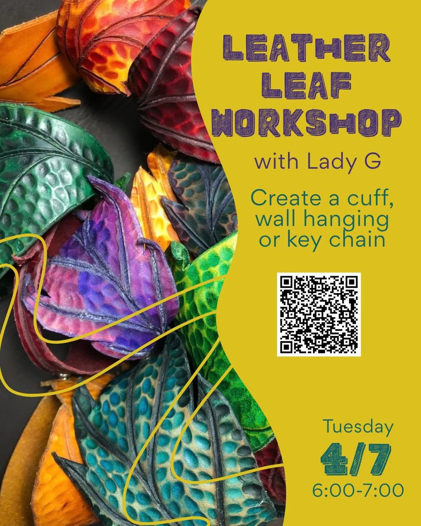 Next Tuesday! Learn how to make a leaf, turn that leaf into a cuff, wall piece, key chain or whatever the heck you want!!!
Tuesday, 4/7, 6-7:30