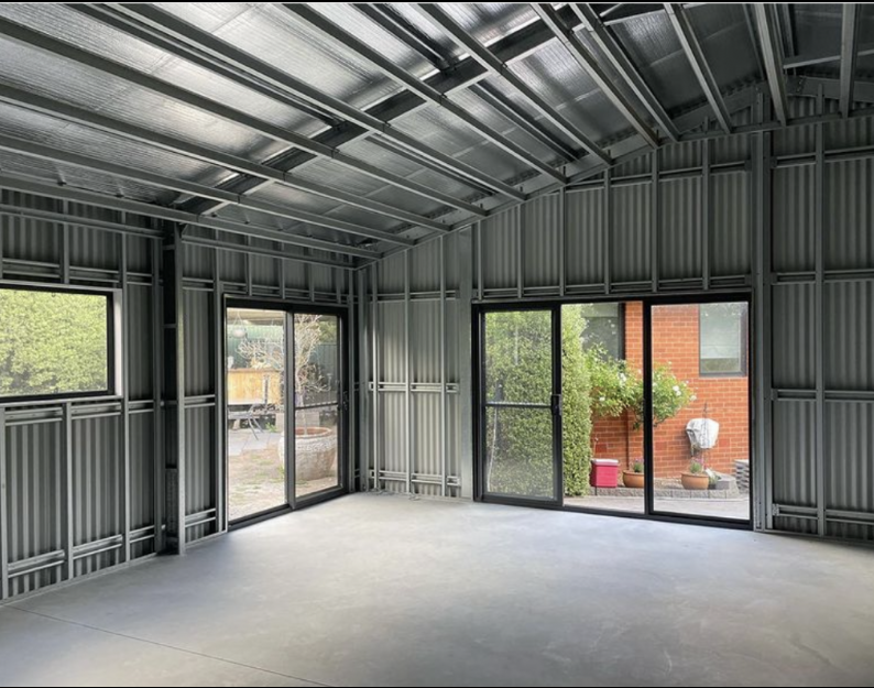 Inside of shed with sliding doors