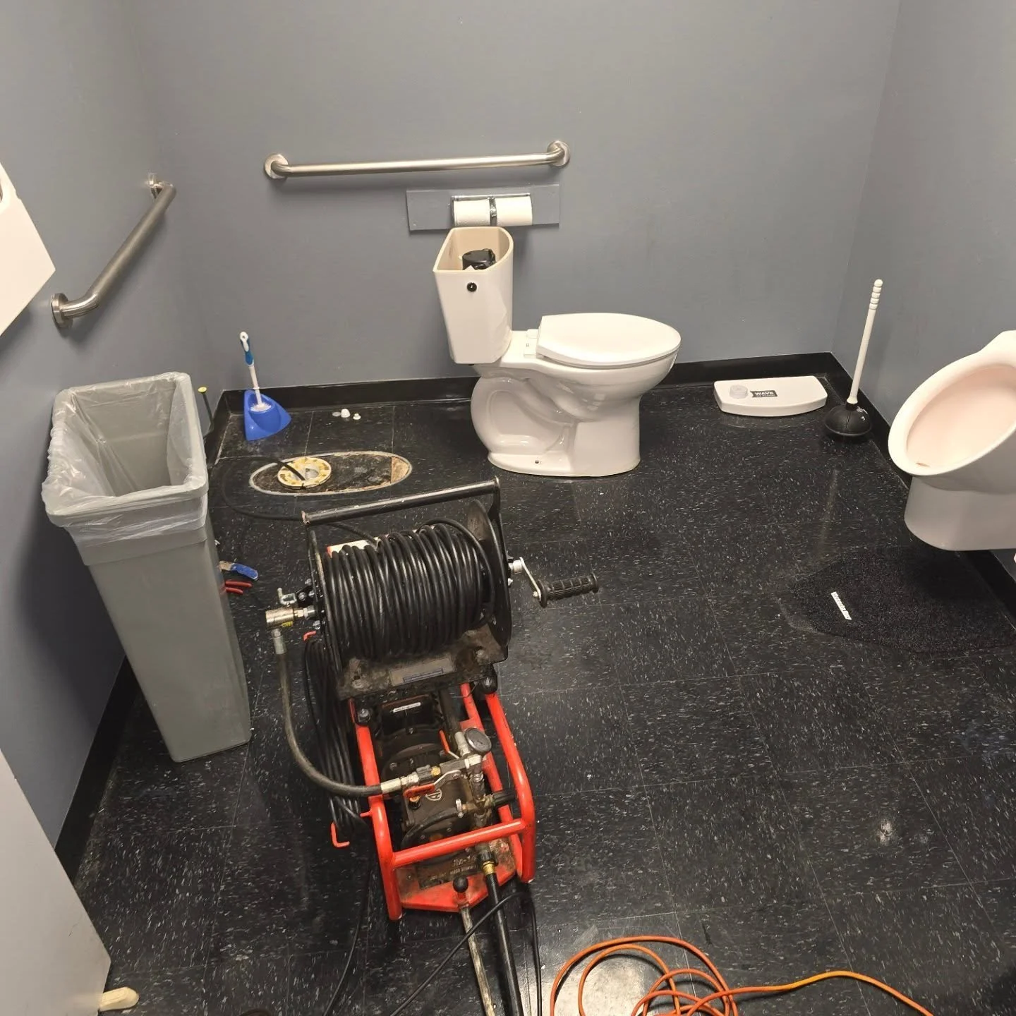 Hydro jetting inside with our electric jetter so we dont have exhaust fumes all inside of this commercial property.  Do you have a drain issue inside of a large property? Give us a call!