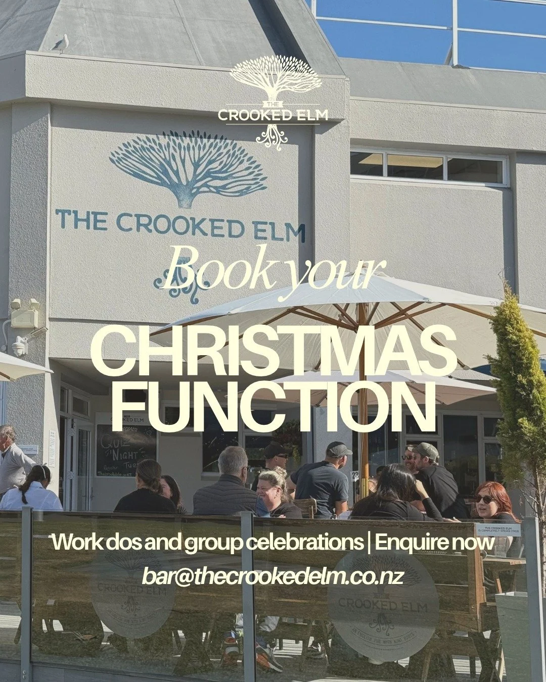 The team did a great job this year. Let&rsquo;s celebrate it properly.

Christmas dos at The Crooked Elm, with room for groups of up to 150 across our deck, atrium and private dining room. Banquets, platters and drinks sorted. We'll look after the lo