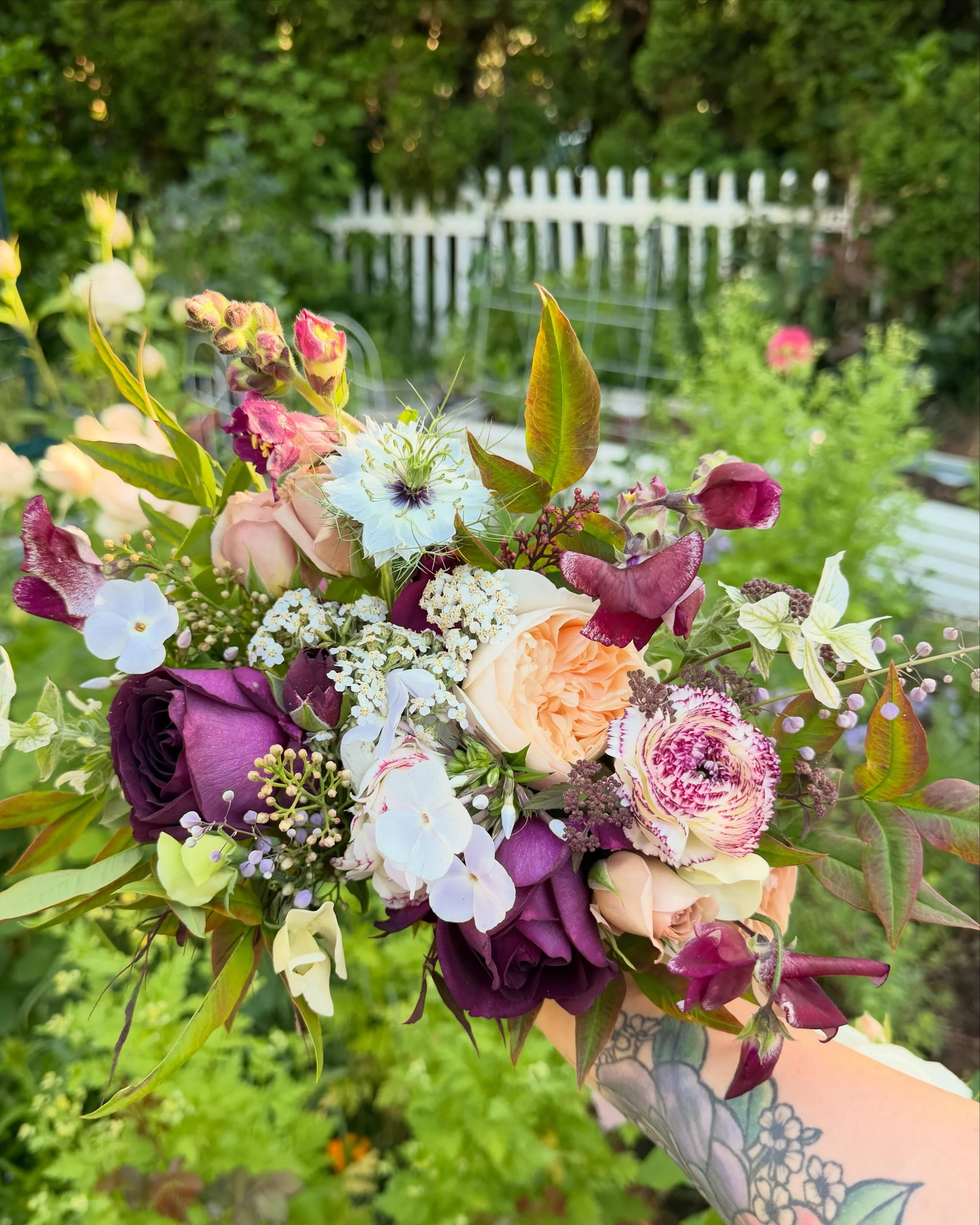 Bridal bouquet &amp; bridesmaid bouquet for Sierra &amp; Jared&rsquo;s wedding. There were so many beautiful flower details that popped up in time: ✨Thalictrum Delavayi ✨ Nadina flowers ✨Wiltshire Ripple sweet pea ✨ perennial phlox ✨Love in a mist ✨ 