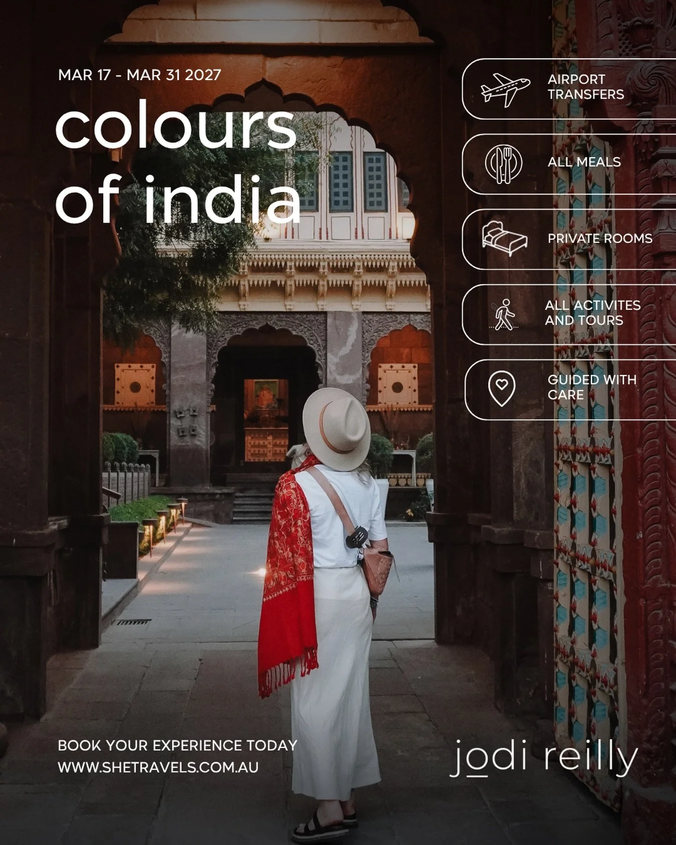 colours of india 🇮🇳

17 - 31 march 2027

if you&rsquo;re only going to experience india once&hellip;

this is the journey to take.

one moment you&rsquo;ll be standing in front of the taj mahal as the morning light begins to dance across the marble