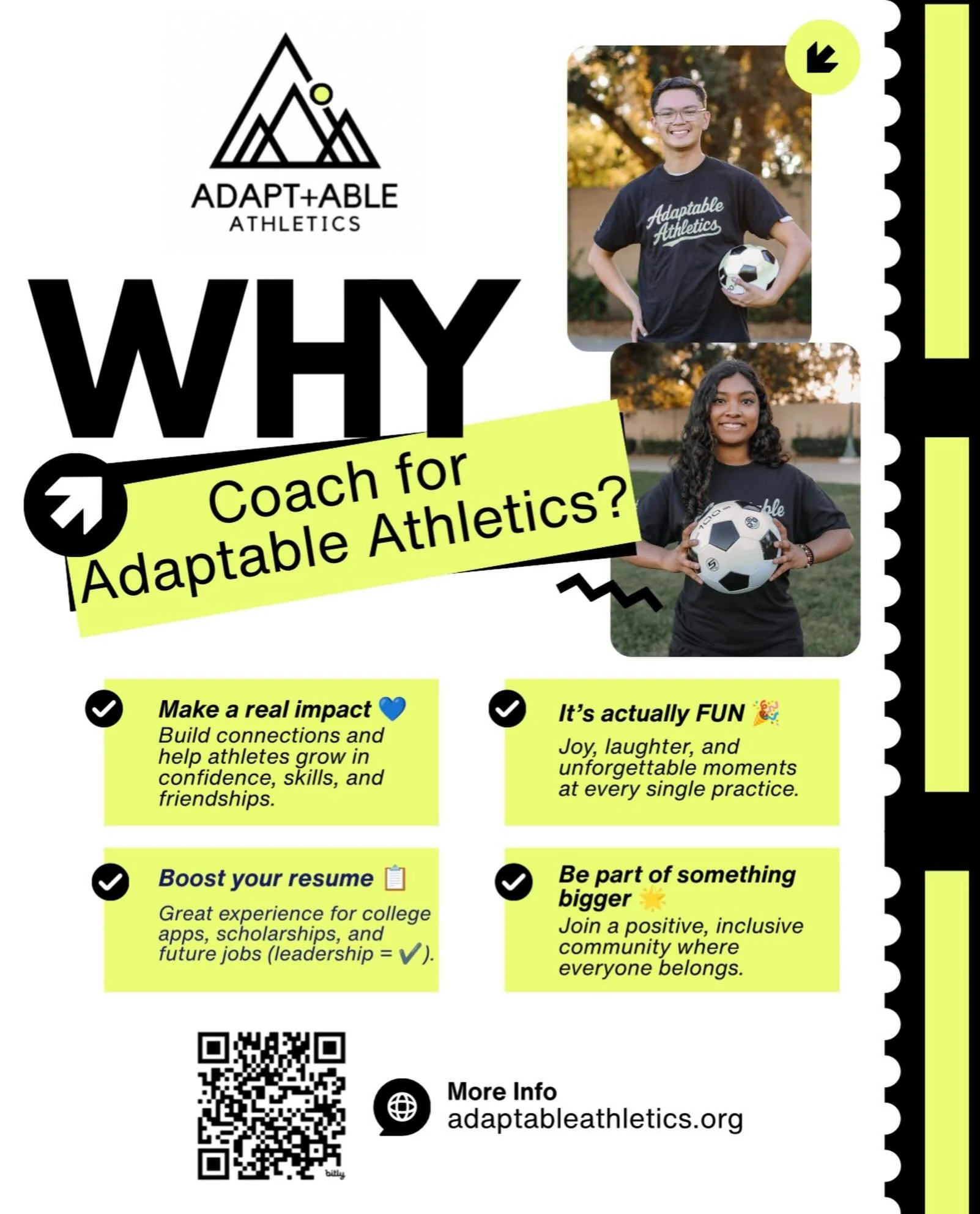 📣 Volunteer Coaches Wanted! ⚽️💙

Adaptable Athletics is looking for positive, enthusiastic volunteers to join our coaching team!

🎓 High school students&mdash;we&rsquo;d love to have you! Earn community service hours, build leadership skills, and 