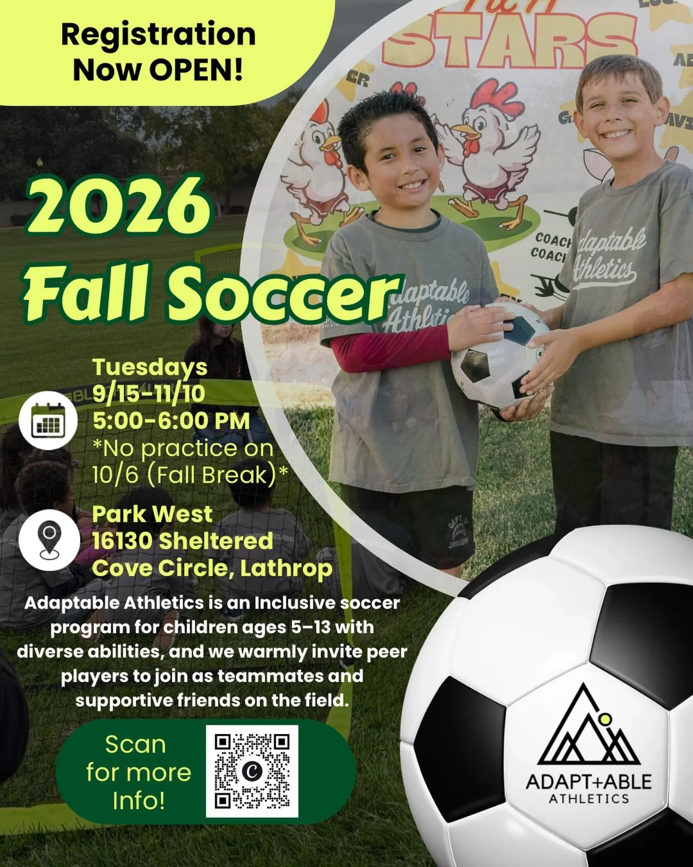 ⚽️ Fall Soccer Registration is NOW OPEN! 💚

Join us for another season of soccer, friendship, and fun with Adaptable Athletics! Our inclusive program welcomes children ages 5&ndash;13 with diverse abilities, along with peer players who want to join 