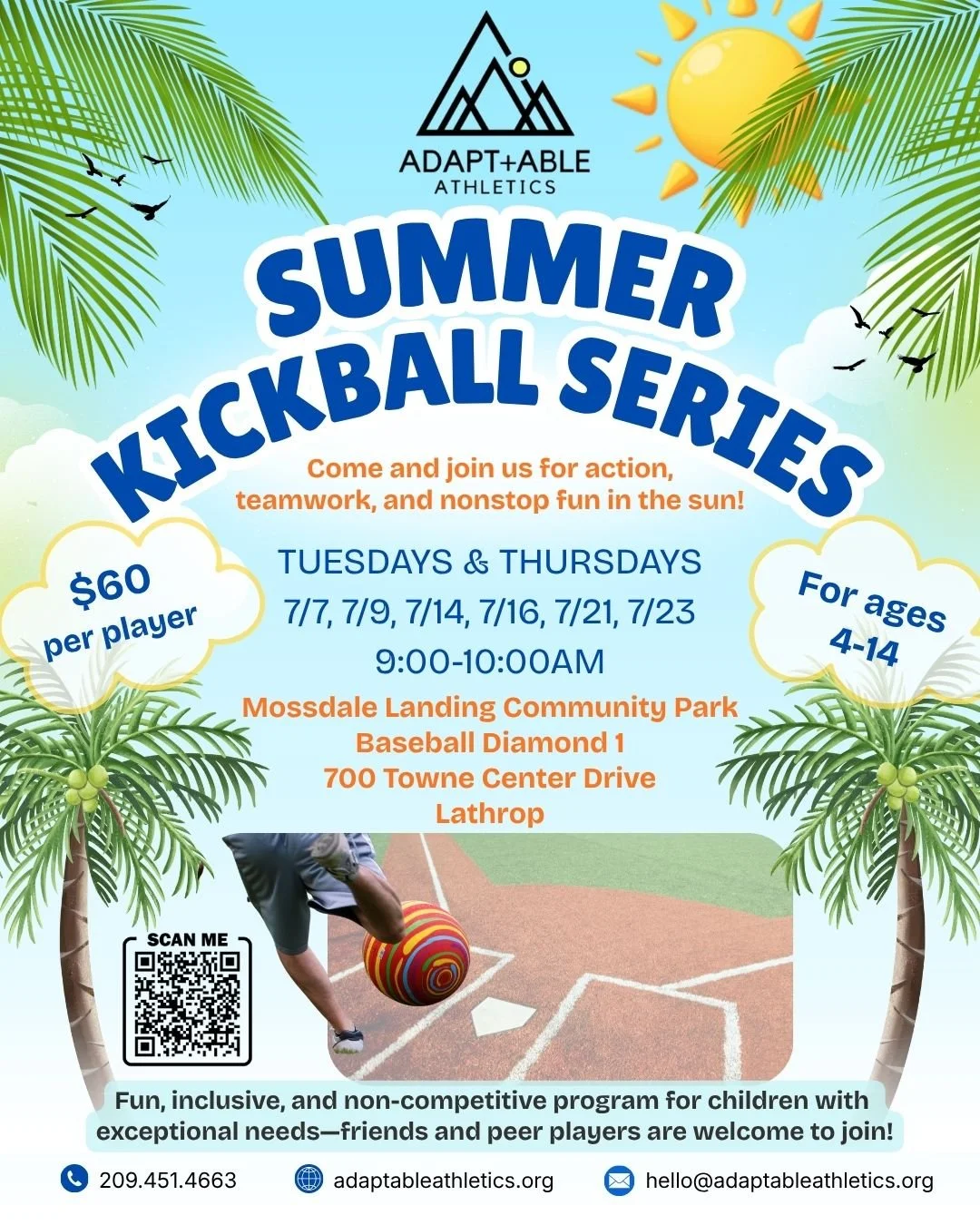 Our Summer Kickball Series starts THIS TUESDAY! ☀️

There's still time to register and join the fun! 💙 All abilities are welcome for an inclusive, non-competitive mini season filled with friends, laughter, and kickball.

Don't miss out! We can't wai