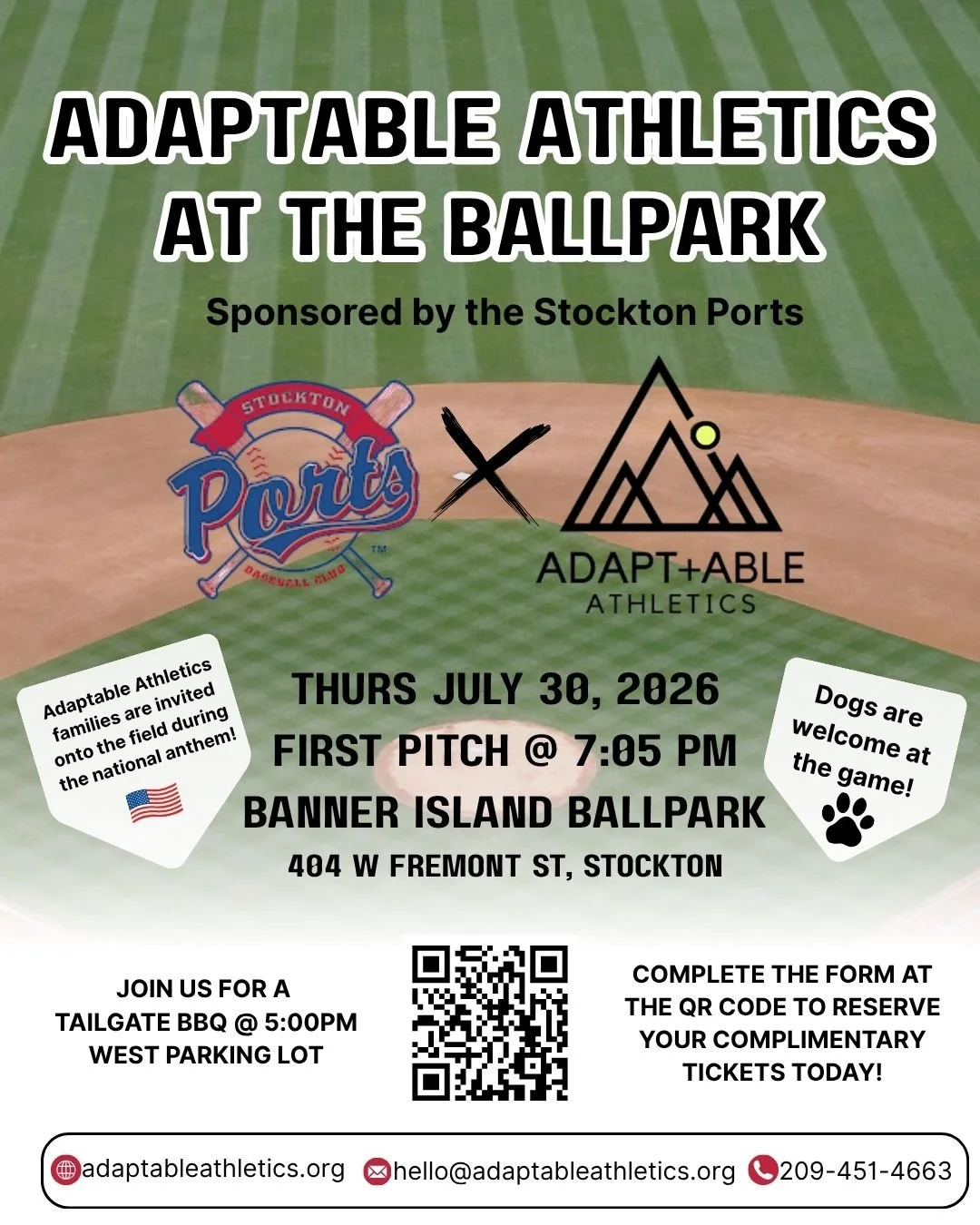 🐾⚾ Adaptable Athletics Goes to Barks &amp; Brews Night!

Join us for a family night at the Stockton Ports game where dogs are welcome! 🐶

Adaptable Athletics families are invited onto the field for the national anthem! 🇺🇸

Thanks to the generosit