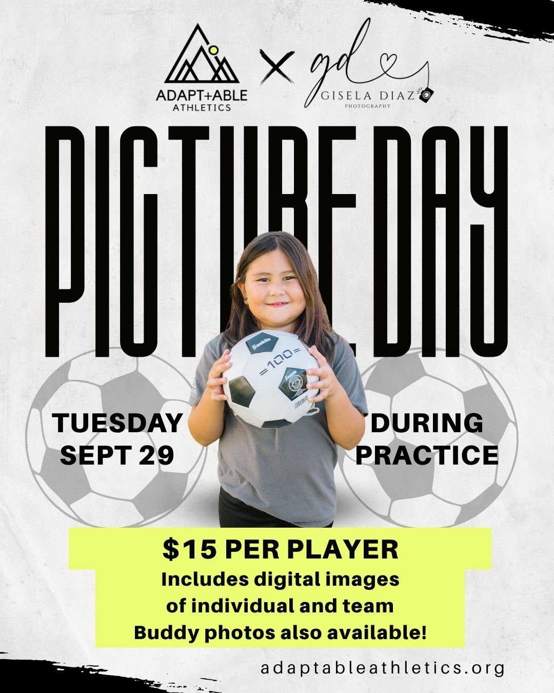 REMINDER! Tomorrow, Tuesday, September 29, is Fall Picture Day!

During our regular practice time (5:00&ndash;6:00 PM), players will take both individual and team photos at the practice field. Please remember to have your player wear their Adaptable 