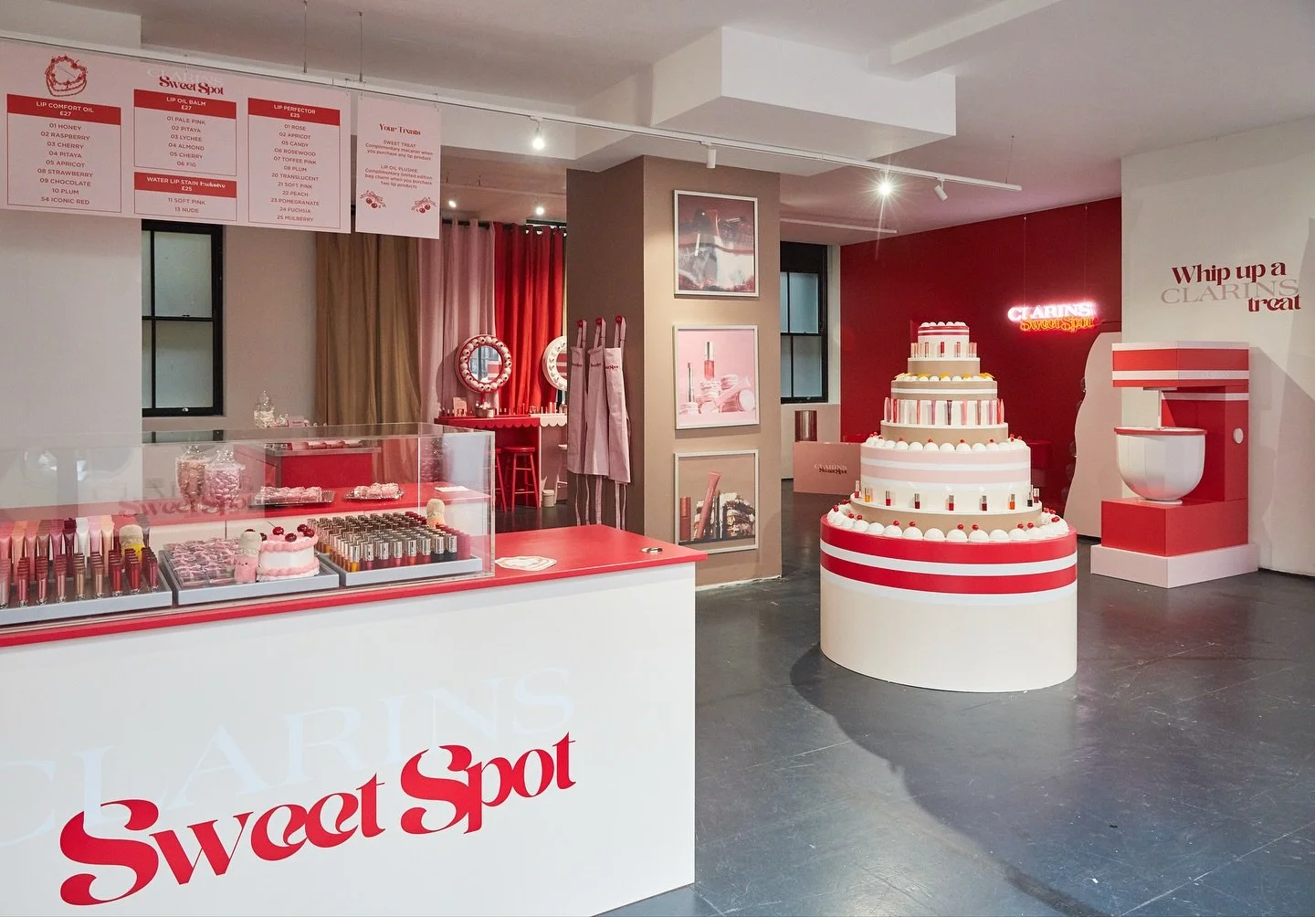 Backlash x Clarins 🍒 creating a sweet treat 🧁 bakery themed 🍰 pop up to celebrate 10 years of its best selling Lip Comfort Oil.

The &lsquo;Sweet Spot&rsquo; beauty pop-up has visited London and Manchester.

#experience #popupshop #popupstore #pop