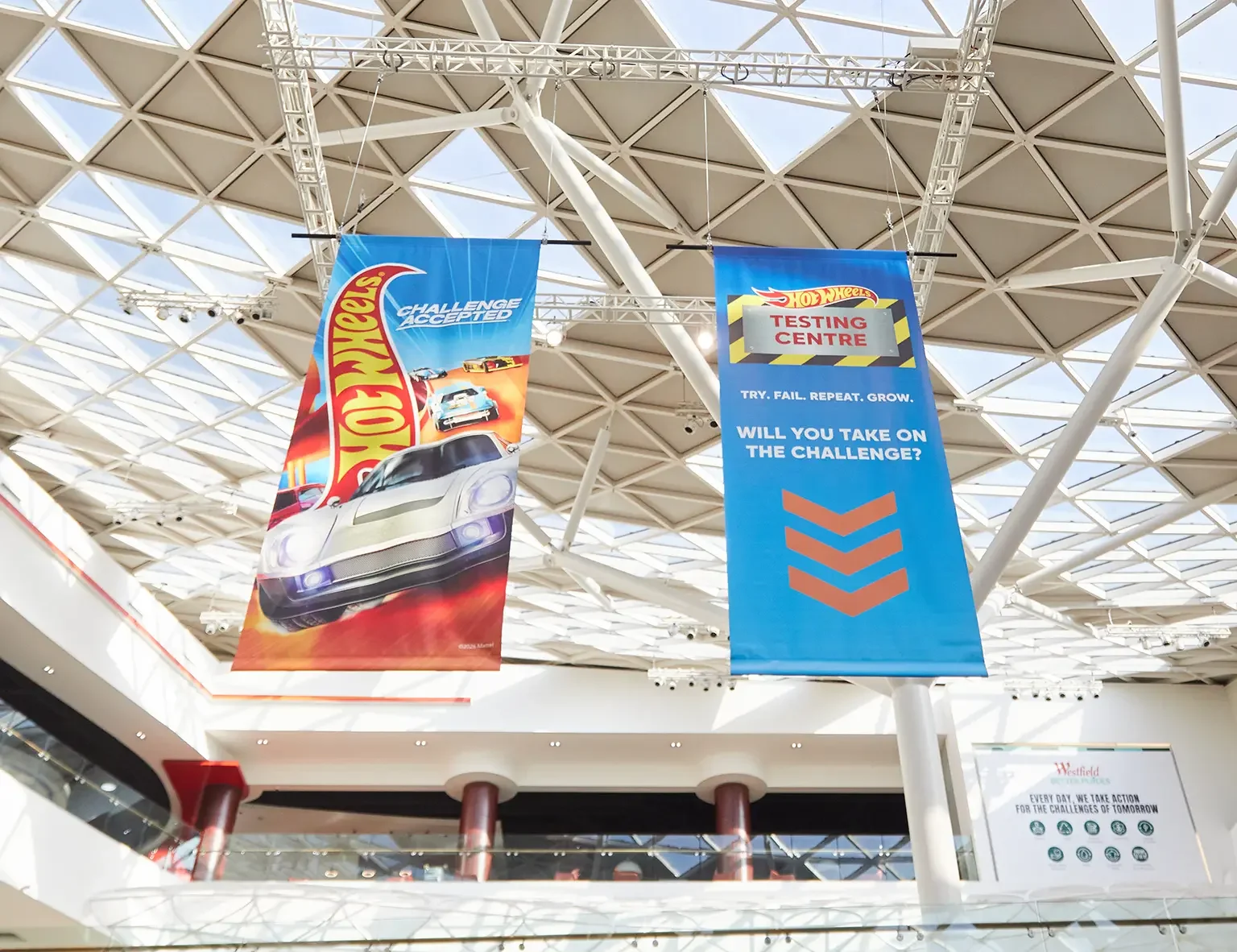 Hot Wheels Testing Centre hanging banners