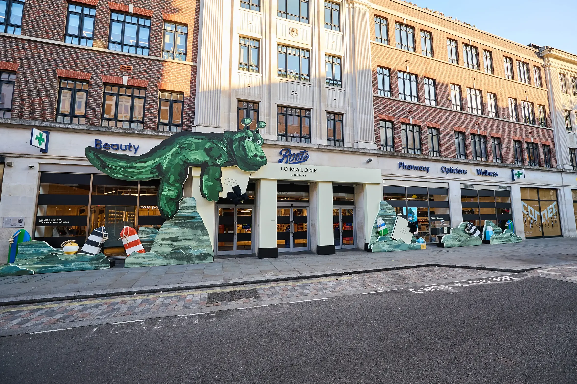 A Sea Monster installation on the from of the Boots Flagship in Covent Garden