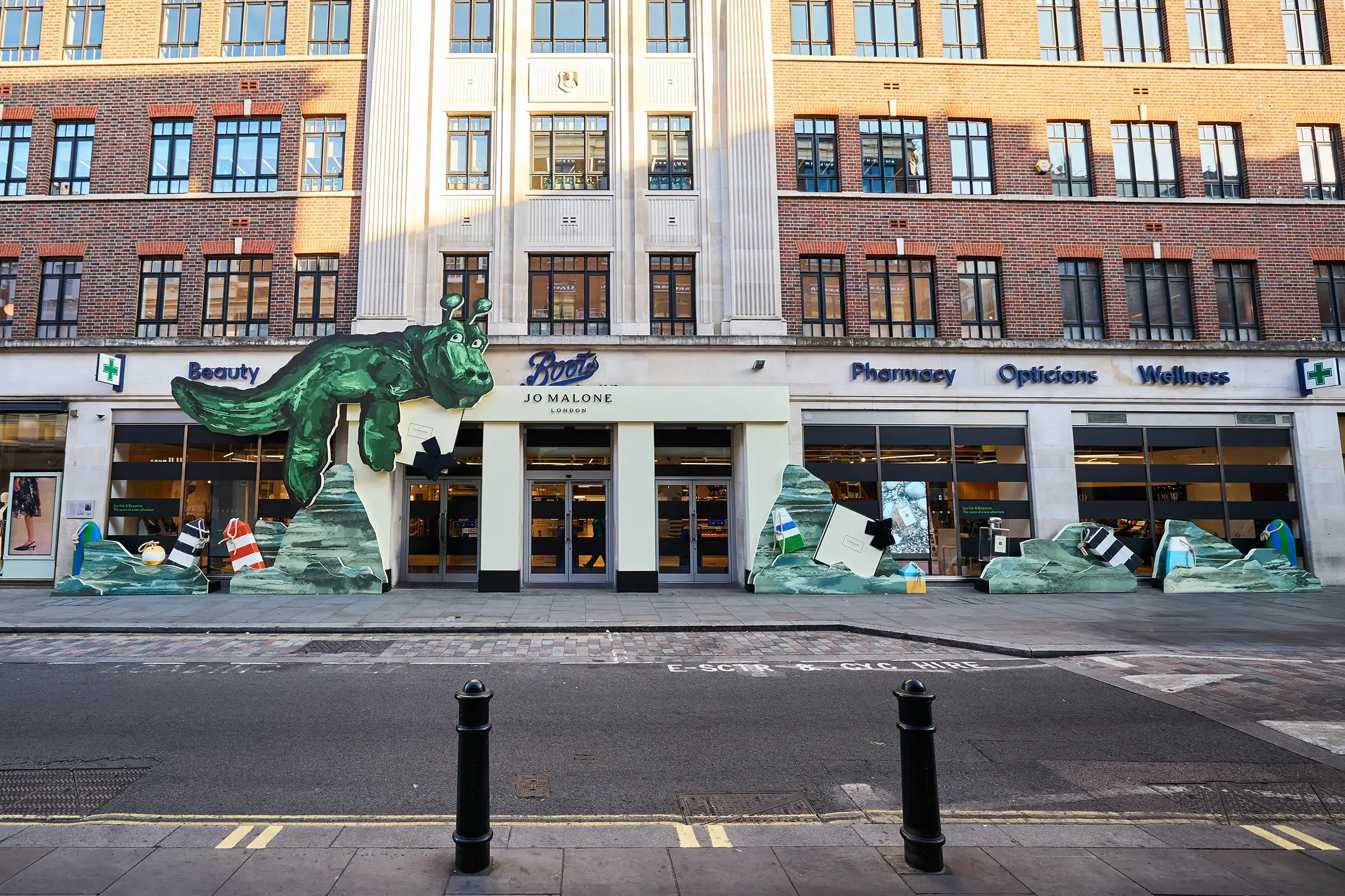A Sea Monster installation on the from of the Boots Flagship in Covent Garden
