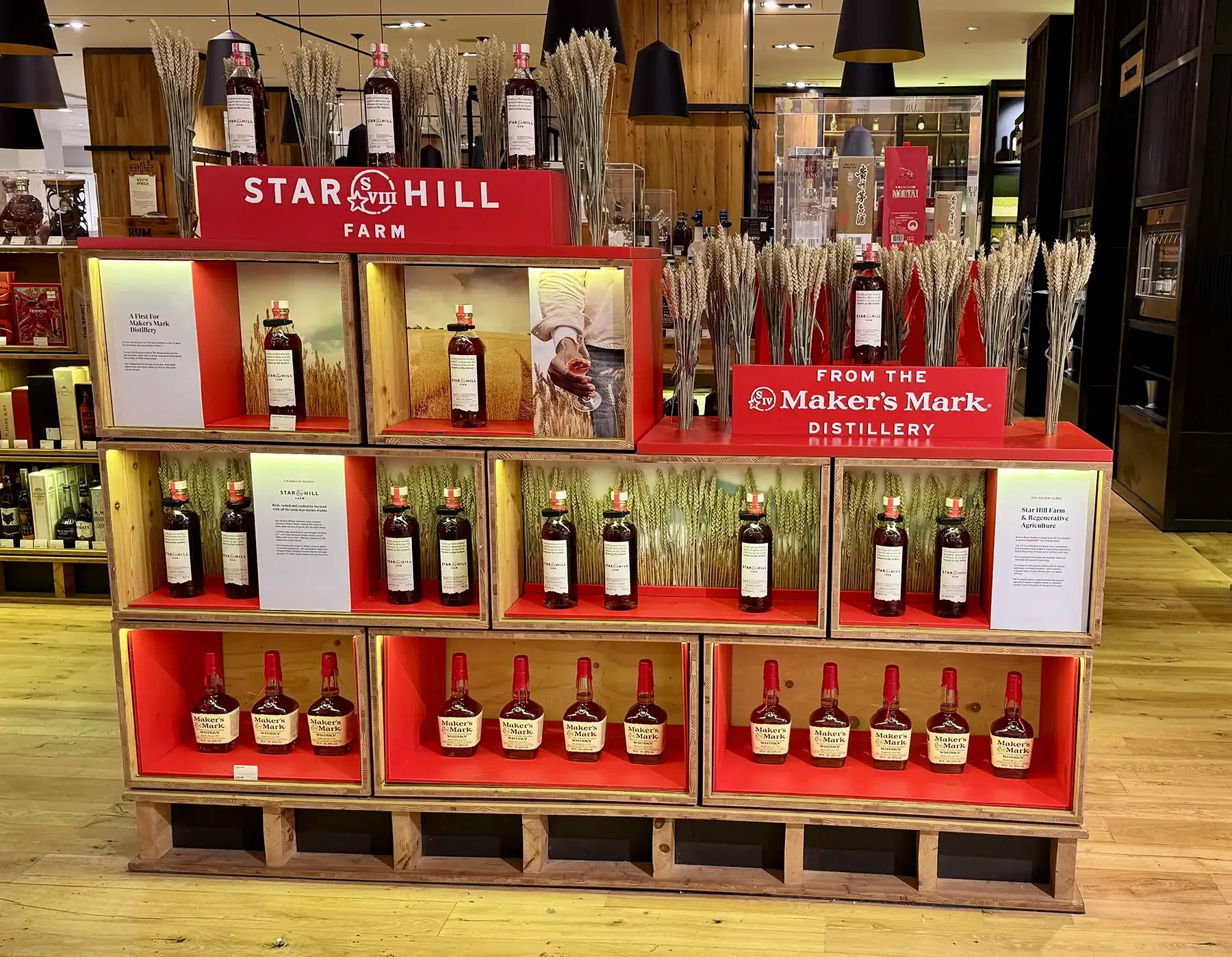 Maker's Mark, Star Hill Farm, Selfridges, Visual Merchandising display of bottle display in Selfridges wine shop