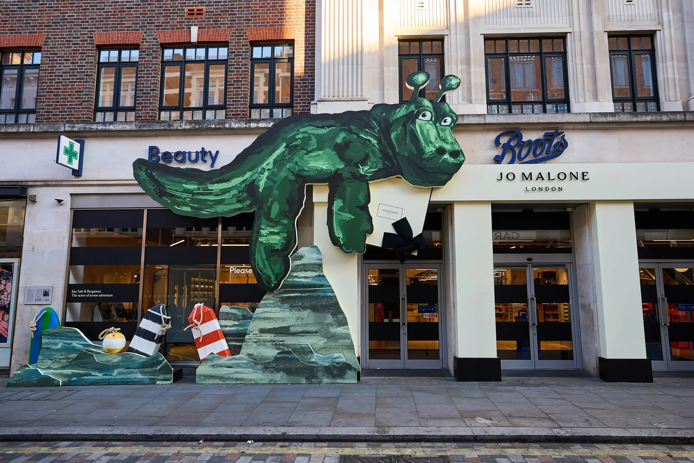A Sea Monster installation on the from of the Boots Flagship in Covent Garden