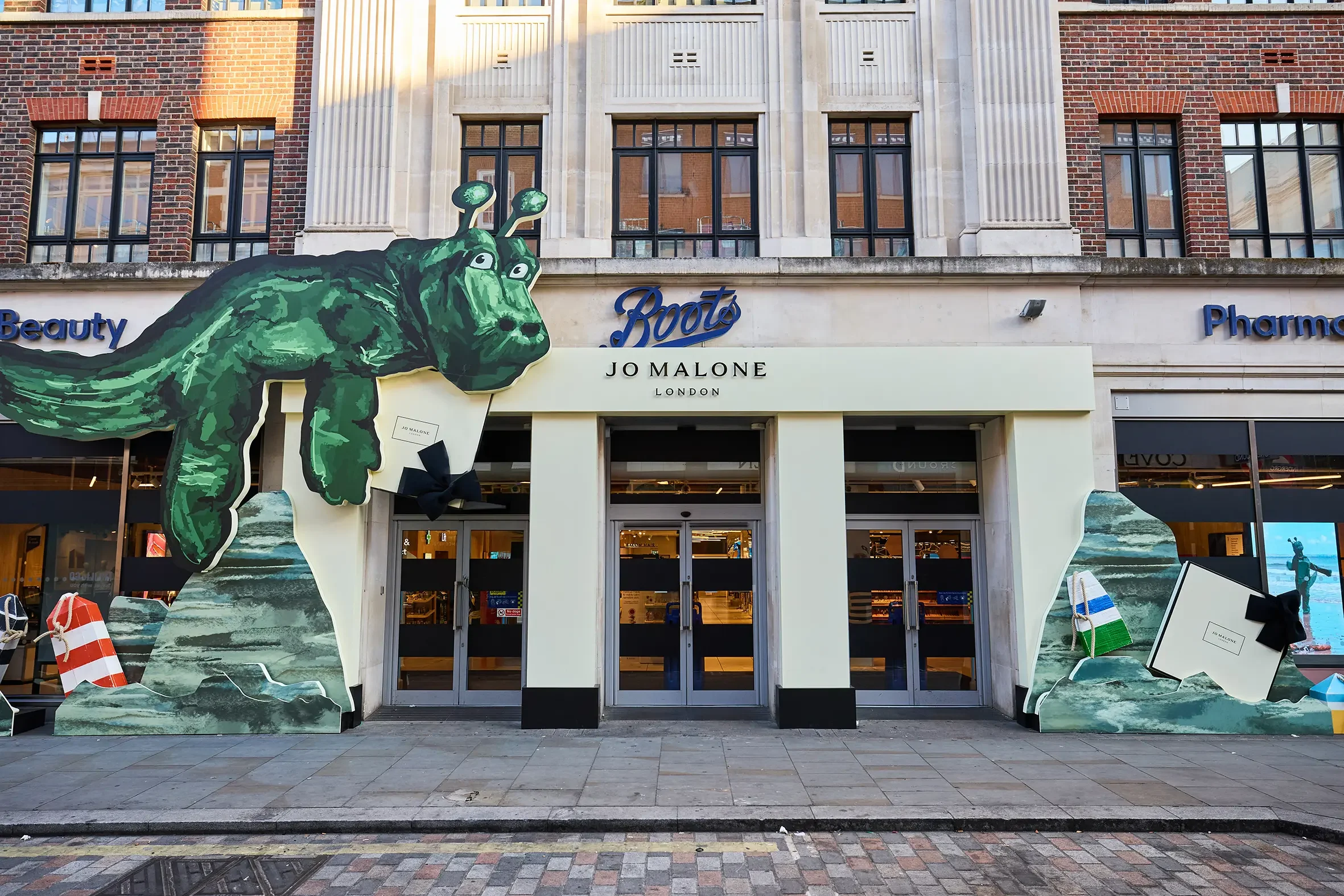 A Sea Monster installation on the from of the Boots Flagship in Covent Garden