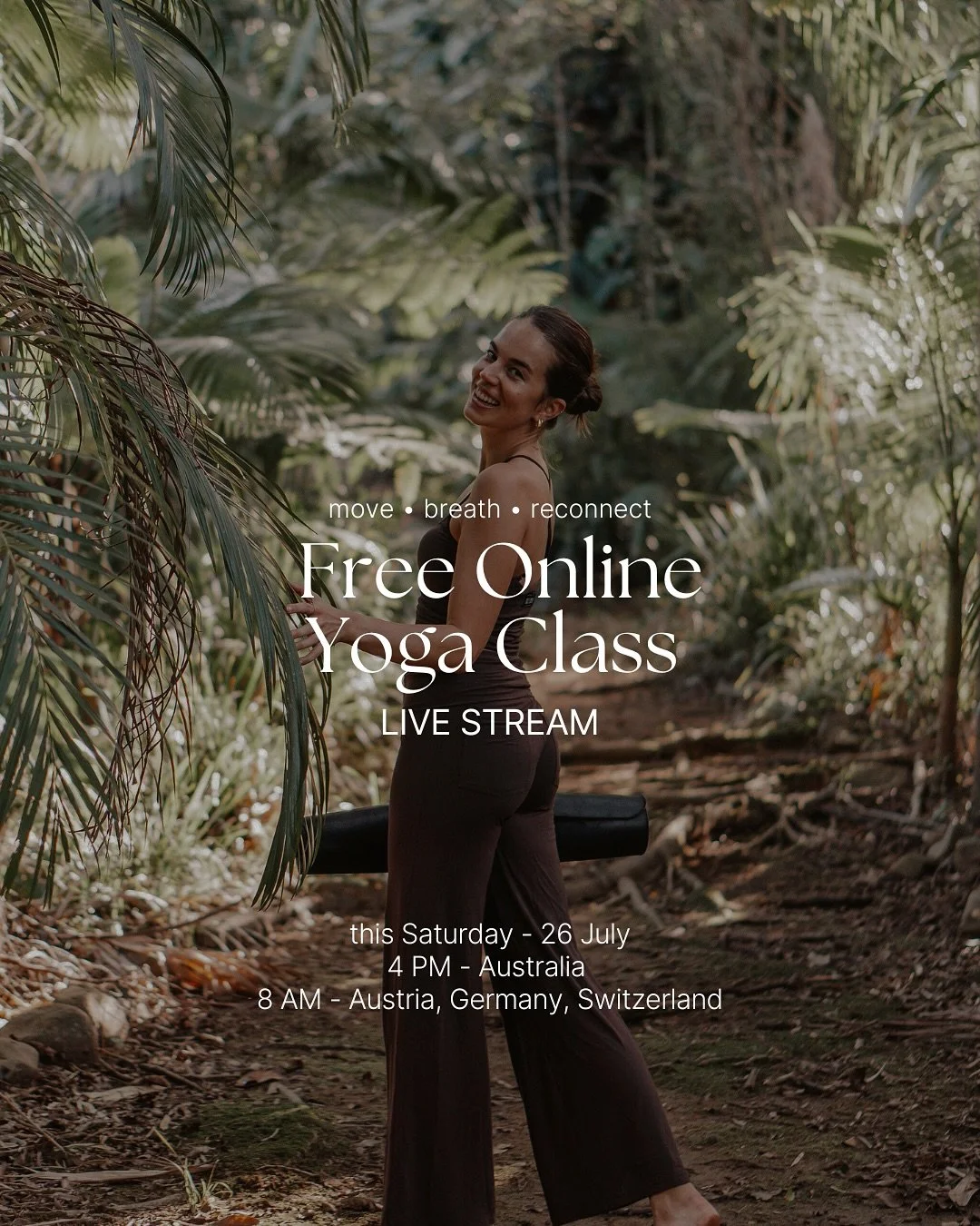 Join me this Saturday for a free online yoga class - live from Kingscliff to wherever you are in the world💗

We&rsquo;ll move, breathe, and reconnect together in a gentle Vinyasa flow. 

Perfect for all levels, come as you are.
Props to prepare: mat
