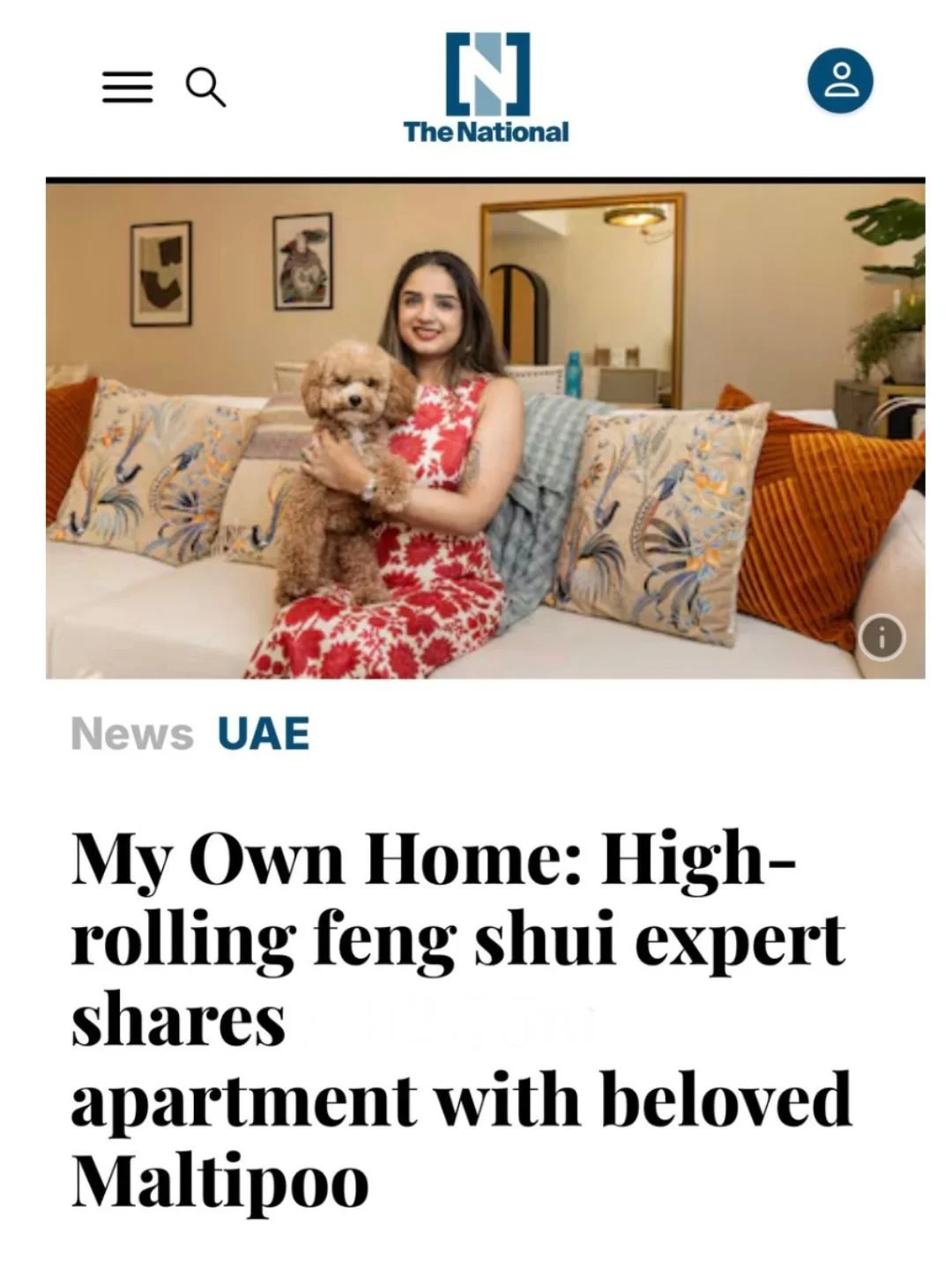Screenshots of an online news article about a woman’s apartment decorated with modern furniture, a woman in a red floral dress sitting on a couch with a dog, and a living room with a TV and decorative items.
