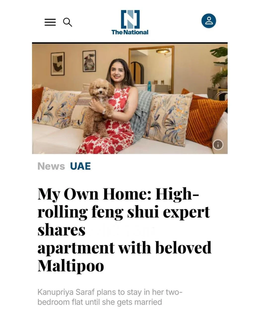 Screenshots of an online news article about a woman’s apartment decorated with modern furniture, a woman in a red floral dress sitting on a couch with a dog, and a living room with a TV and decorative items.