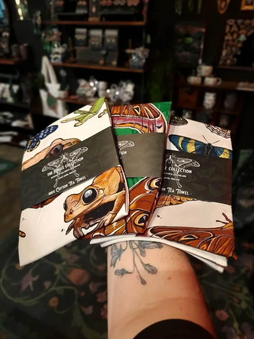 Our 100% Cotton Tea Towels arrived today and my goodness they're absolutely stunning 😍

Soft touch organic cotton, and colourful detailed prints. Original artwork by owner &amp; Cairns artist Jenna Minchin. 

We have 6 designs to choose from, in sto